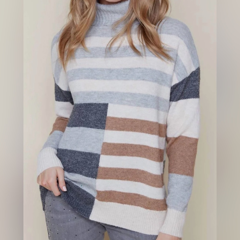 RENUAR Women's LS Tan Neutral Combo Striped Colorblock Funnel Sweater Sz XL NEW